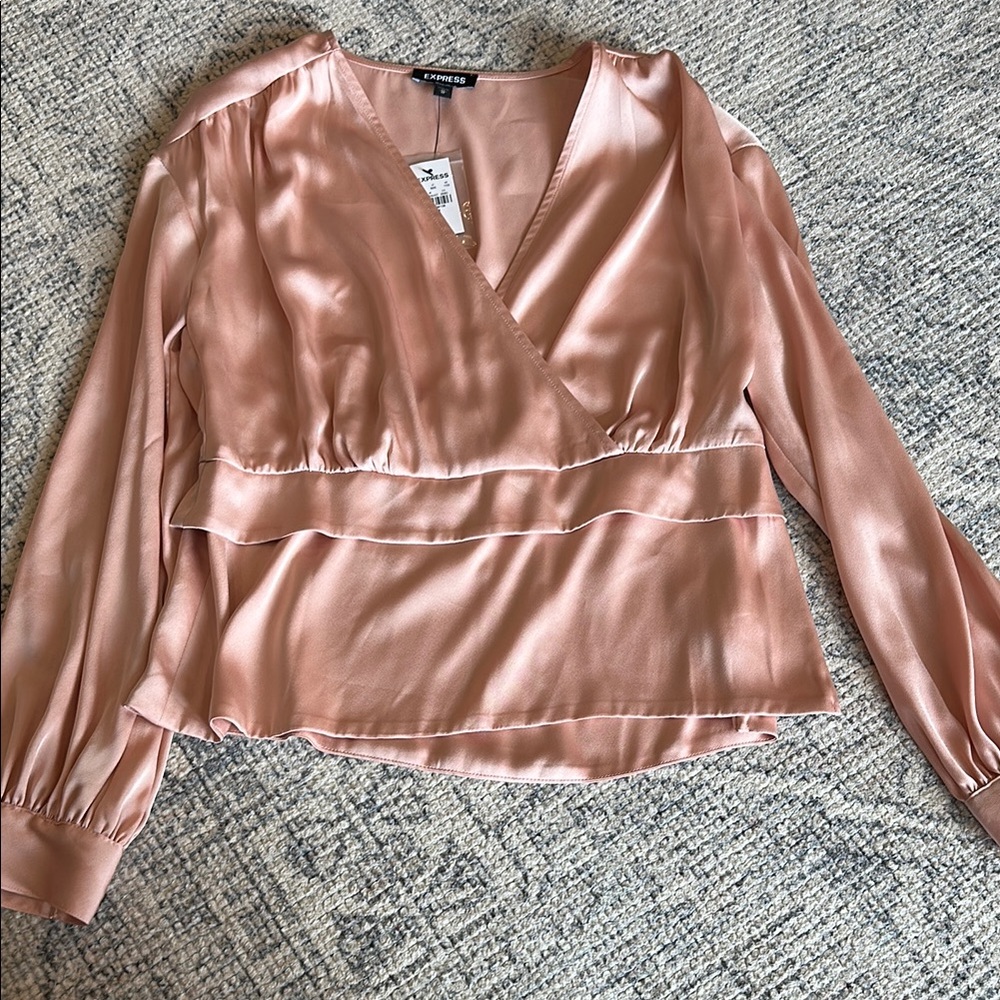 Express Orange Gold Long Sleeve Wrap Peplum Blouse